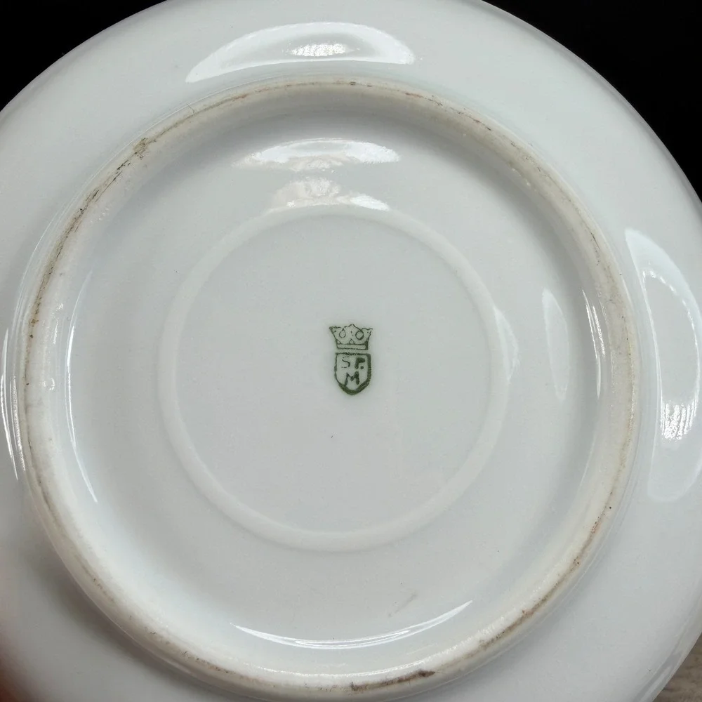 Antique SPM Germany Porcelain Tea Cup Saucer Set Cobalt Blue Gold Fruit Gilt VTG